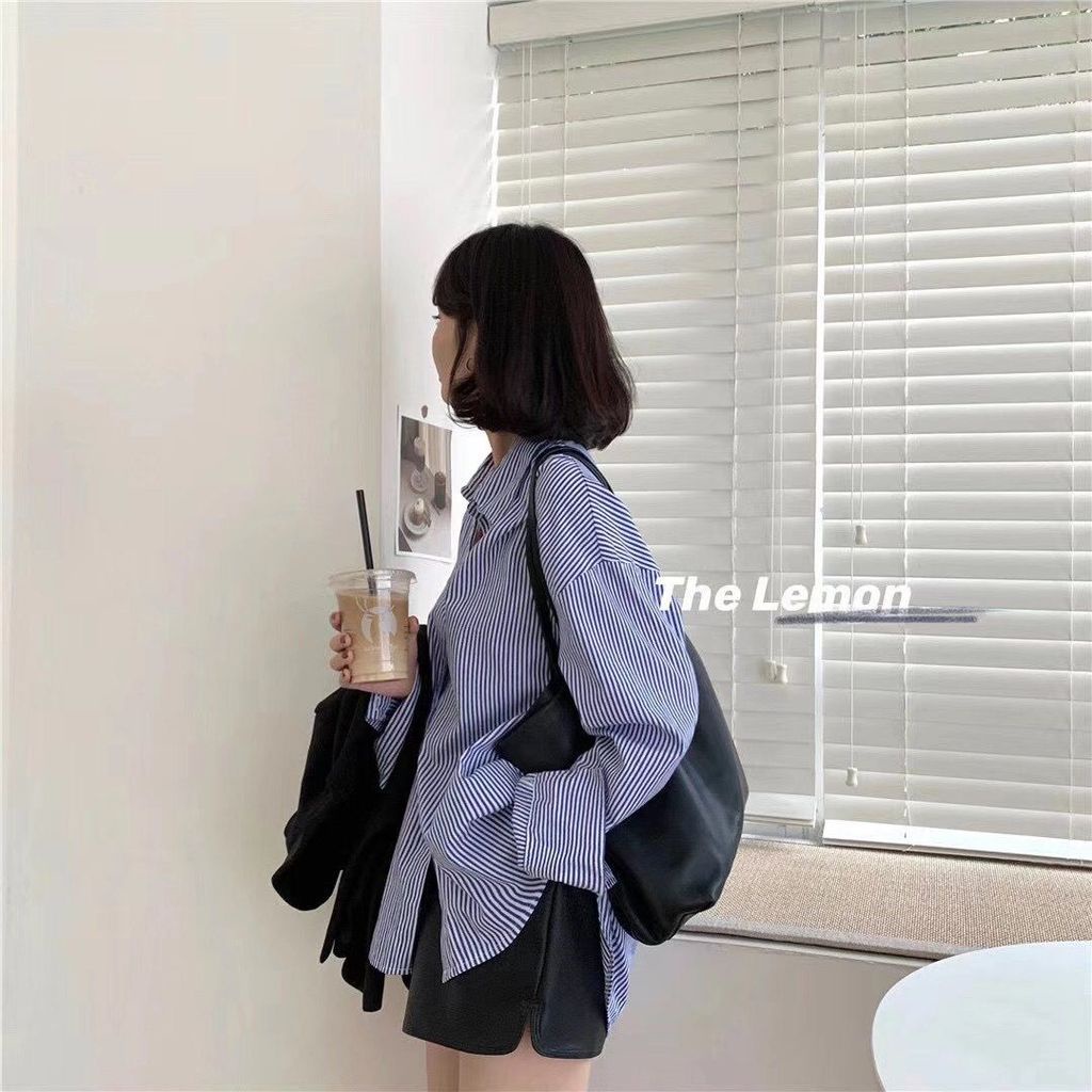 Áo sơ mi dáng rộng kẻ sọc thời trang xuân thu mới cho nữ