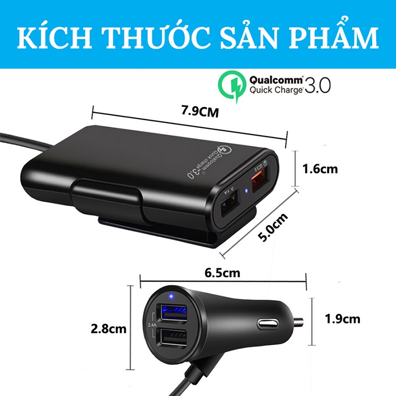 Tẩu Sạc Ô Tô 4 Cổng USB - Có 1 Cổng Quick Sạc Nhanh 3.0 VERSION 5 CARZONE.TOP