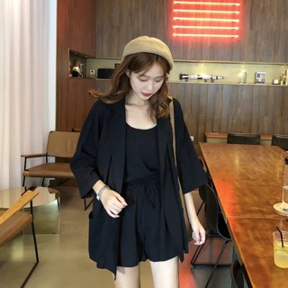 Có bigsize Set bộ 3 chi tiết: áo khoác blazer + áo 2 dây + quần short hot hit 2019