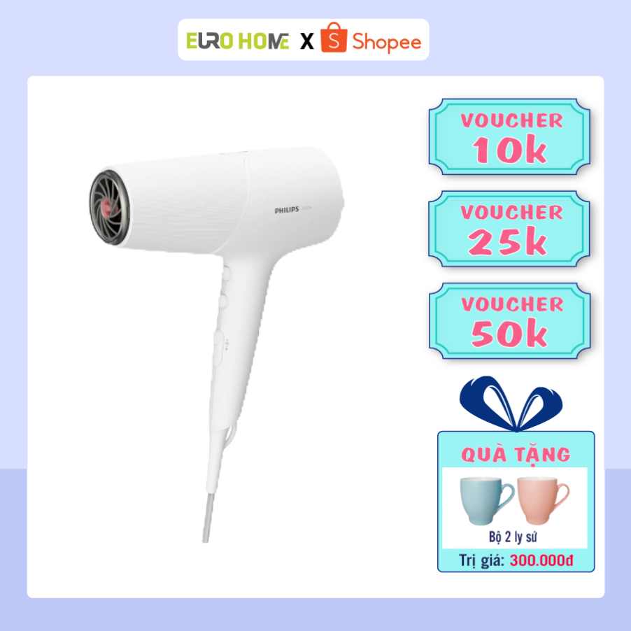 Máy sấy tóc Philips BHD500 màu trắng - 2100W, sấy nhanh khô, an toàn cho tóc, bảo hành 2 năm