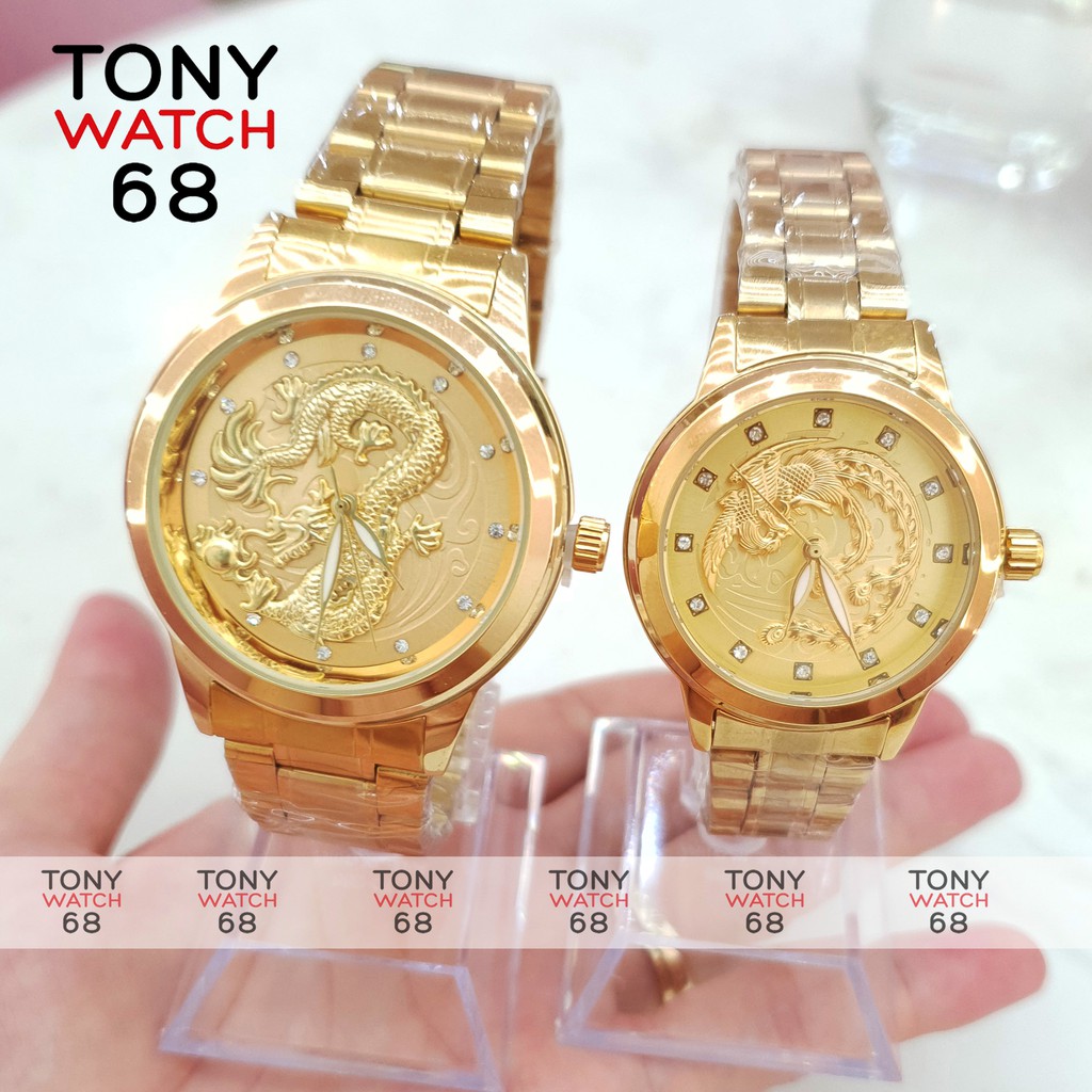 Đông hồ đôi nam nữ Winsley họa tiết rồng phượng nổi 3D mạ vàng chống nước chính hãng Tony Watch 68