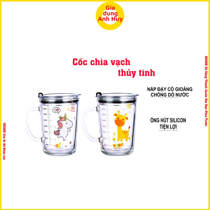 Cốc chia vạch thủy tinh 350ml có nắp dùng để pha sữa uống nước
