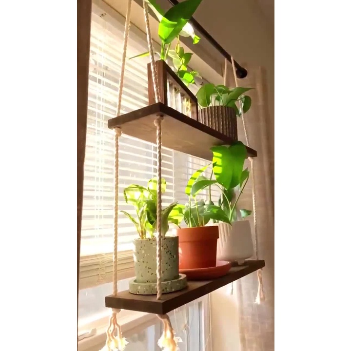 Kệ gỗ treo tường trang trí - Dây Thừng Boho Rustic 2 Tầng - để đổ lưu niệm, cây cảnh mini gỗ tự nhiên kt 10x30cm