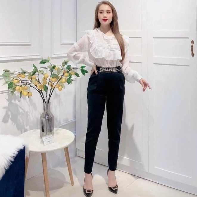Quần baggy nữ công sở cạp chun chữ co giãn vải Umì màu đen dáng thụng dài - Quần vải nữ cạp cao bó ống bigsize đi học