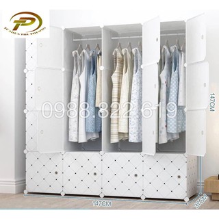 Tủ quần áo nhựa lắp ghép đa năng 16 ô sâu 37 CM ( cửa Kẻ Trắng-Kẻ Trắng)