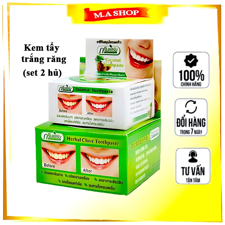 2 hủ bột trắng răng dừa Green Herb Thái Lan, kem tẩy đánh bay mảng bám cao răng, sâu răng - M.A Shop