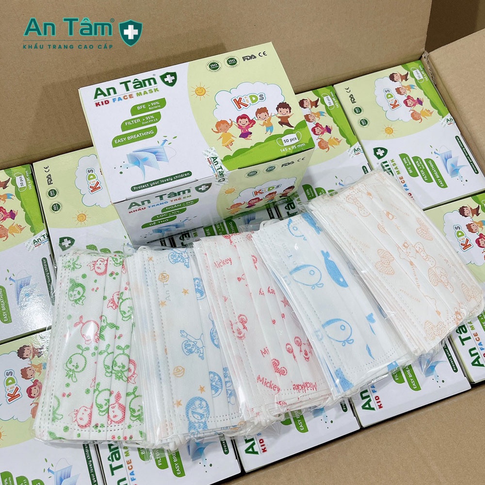 Khẩu trang y tế cho bé  in HỌA TIẾT 3 lớp Giấy Kháng Khuẩn & Vải Không Dệt - Chính Hãng AN TÂM - Hộp 50 cái | BigBuy360 - bigbuy360.vn