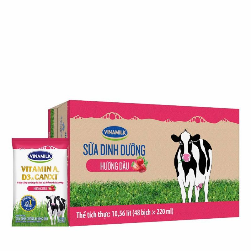 Thùng 48 bịch sữa tươi vinamilk hương dâu