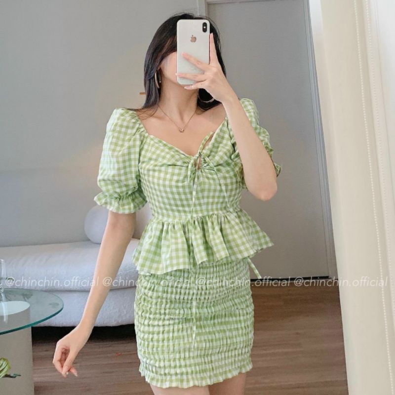 Set peplum caro xanh thắt nơ tay bo + chân váy nhún