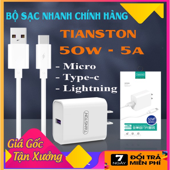 Bộ sạc và Cáp sạc nhanh 50W - 5A Chính hãng Tianston - Micro / Type-C / Lightning - Bảo Hành 3 Tháng