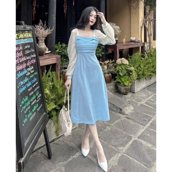 VÁY XẾP LY TRƯỚC PHỐI TAY VOAN BE