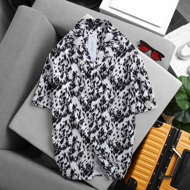 Áo sơ mi ngắn tay DEWE, vải lụa chéo nhập khẩu chống nhắn thoáng mát, hoạ tiết Loang Trắng - DEWE Cuban Shirt
