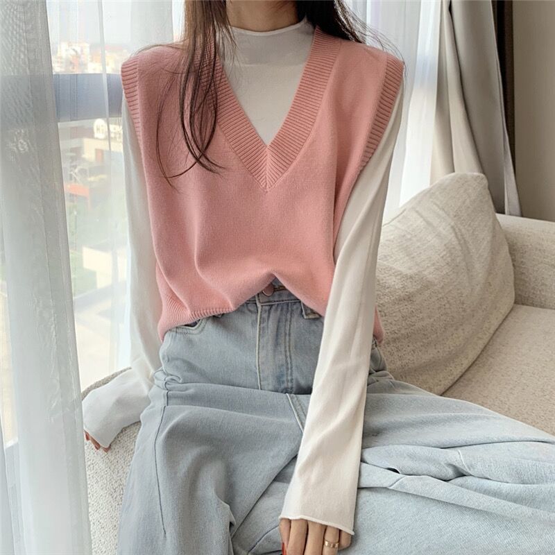 Áo gile dệt kim cổ V thời trang xinh xắn cho bạn nữ
