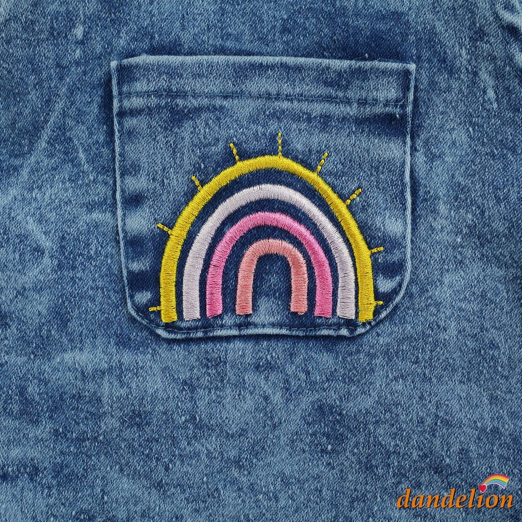 Bộ Áo Liền Quần Denim Tay Cánh Tiên Thêu Họa Tiết Cầu Vồng + Băng Đô