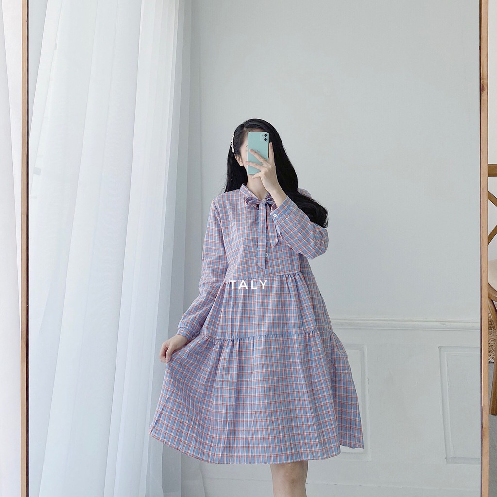 [Mã FAGREAT1505 giảm 8% tối đa 50K đơn 250K] Đầm caro thắt nơ cổ TALY D2511 | BigBuy360 - bigbuy360.vn