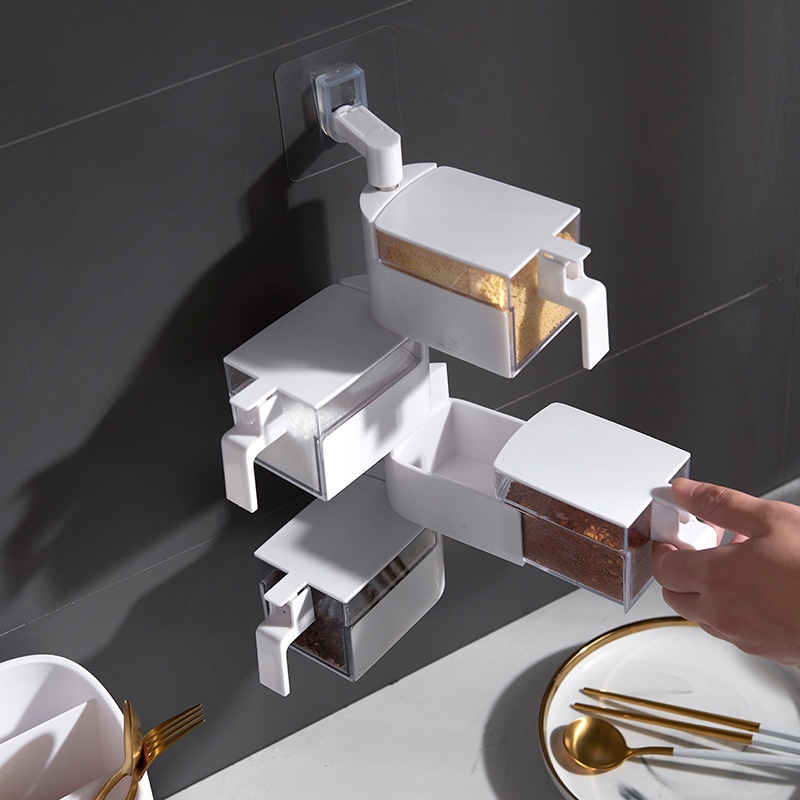 Hộp gia vị dán tường, Bộ 3 hũ đựng gia vị nhà bếp kèm giá đỡ