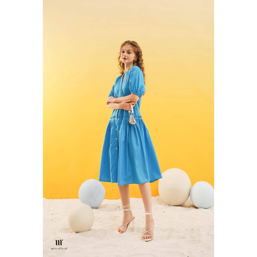 Váy liền nữ Méo shop cổ V ngắn tay phối dây eo dáng xuông phong cách công sở Kalyn