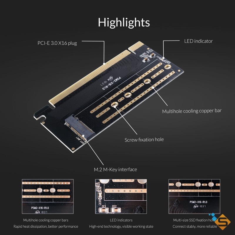 Card Mở Rộng ORICO SSD M.2 NVME sang PCI-E 3.0 X16 Gen3 hỗ trợ 2230-2280（PSM2-X16) - Bảo Hành Chính Hãng 1 Năm