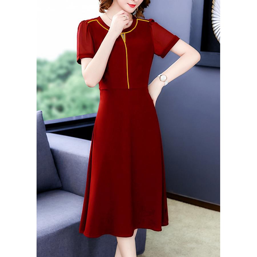 Đầm Xòe Trung Niên Dự Tiệc Kiểu Cổ Tròn Phối Viền Cách Điệu Màu Đỏ Đơn Giản GOTI 3190