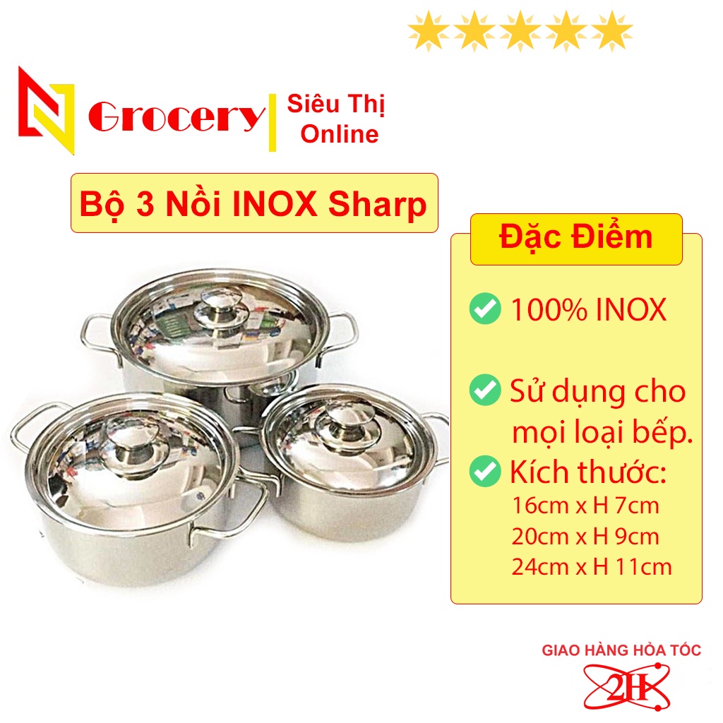 Bộ 3 Nồi Inox Sharp Cho Mọi Loại Bếp, Thân Và Nắp Nồi Inox 410 Dày 0.4mm - Bộ Nồi Sharp - Nồi Đa Năng