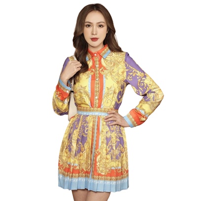 SET ĐẦM LỤA HỌA TIẾT PHỐI MÀU VÀNG TÍM XANH ÁO SƠ MI CHÂN VÁY NGẮN DẬP LY - KLCT275445 - HÀNG QUẢNG CHÂU