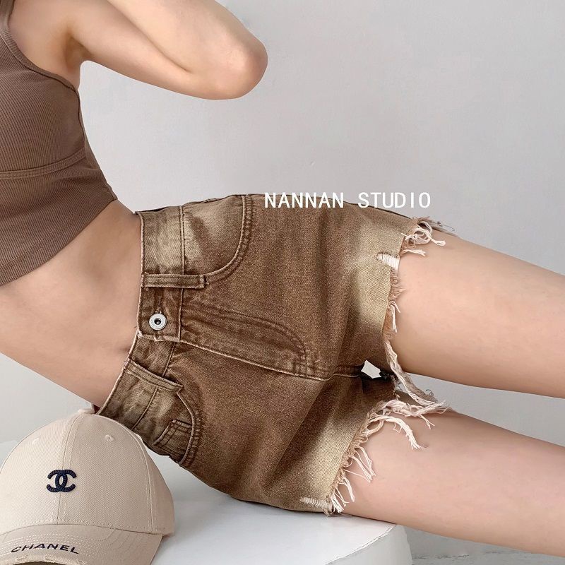 Jiashucheng Quần Short Denim Lưng Cao Ống Rộng Phối Rách Kiểu Retro Mỹ Thời Trang Mùa Hè Cá Tính