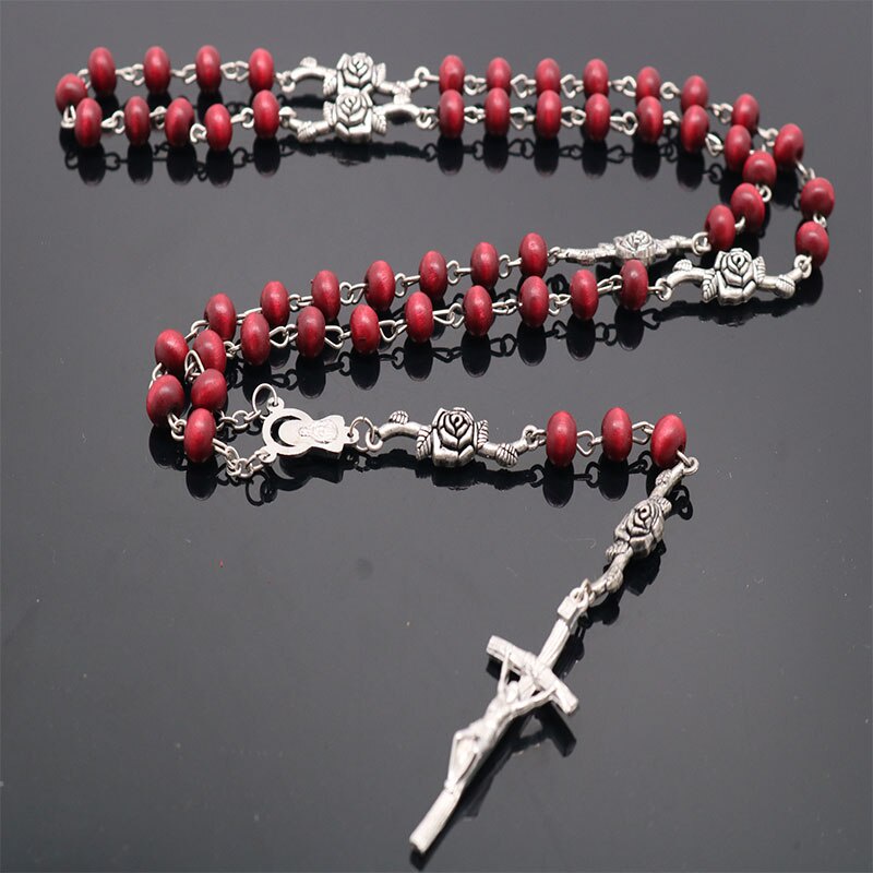 Vòng cổ Chuỗi Hạt Gỗ 6mm Có Mùi Thơm Hoa Hồng Thánh Giá Maria