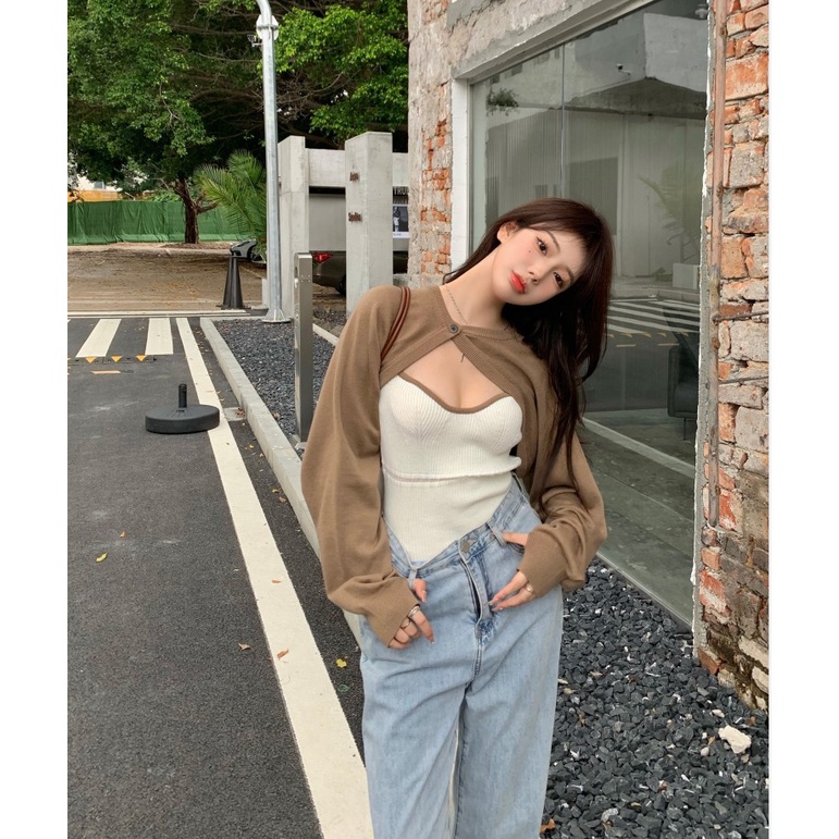 Set áo khoác cardigan ngắn dài tay + áo hai dây dệt kim màu tương phản thời trang cho nữ