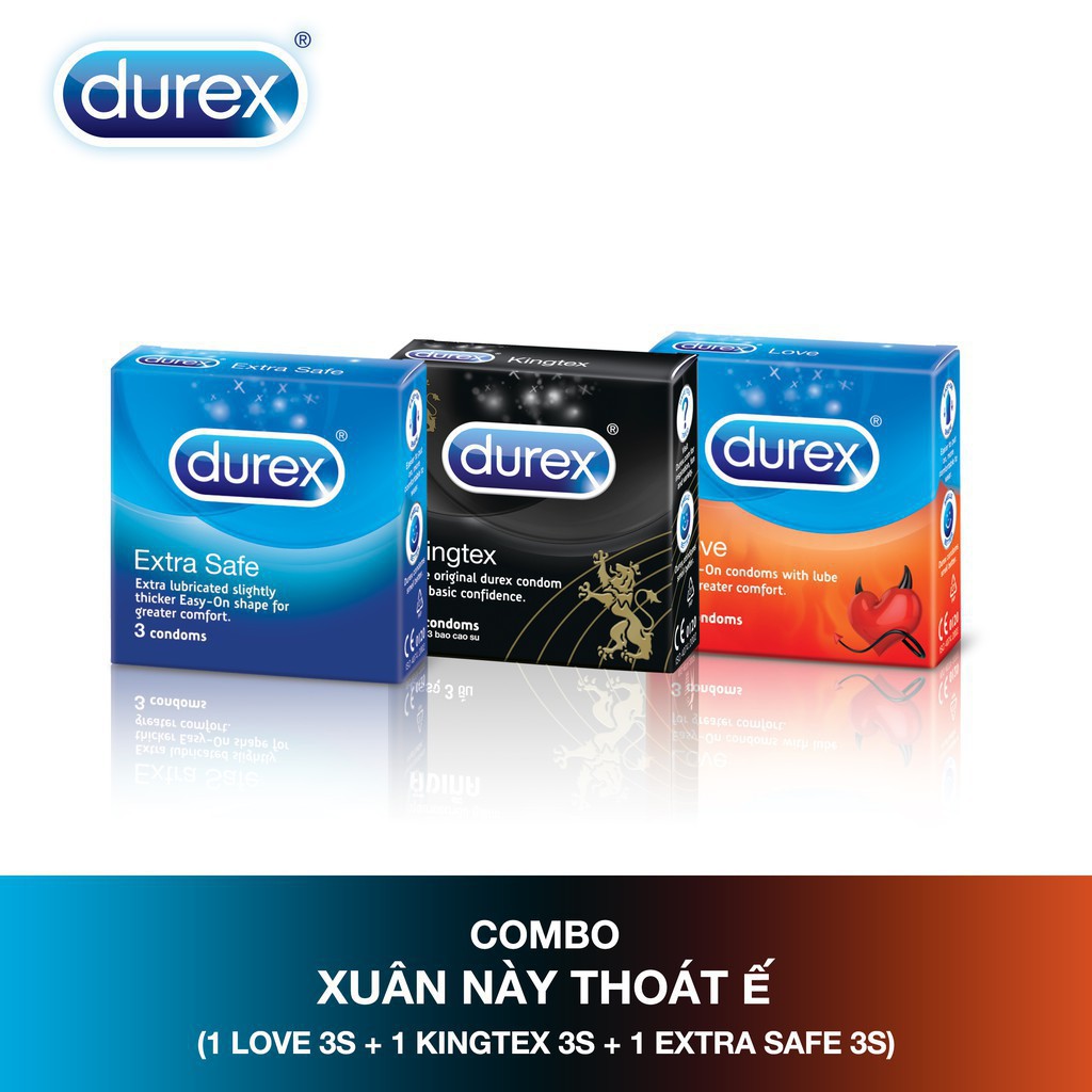 Bộ sản phẩm Durex xuân này thoát ế (Kingtex 3 bao + Love 3 bao + Extra Safe 3 bao) - Phân phối chính thức