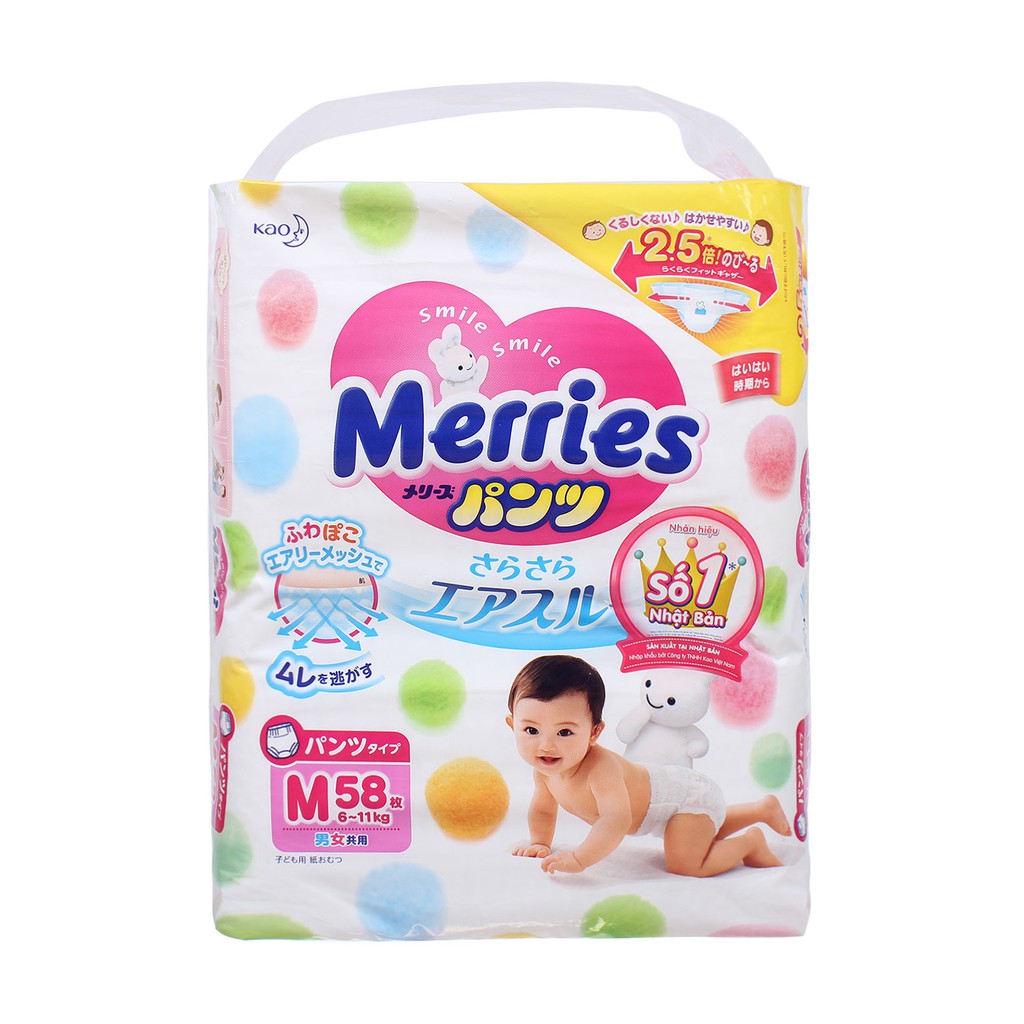 Bỉm - tã quần Merries size M 58 miếng cho bé 6~11kg