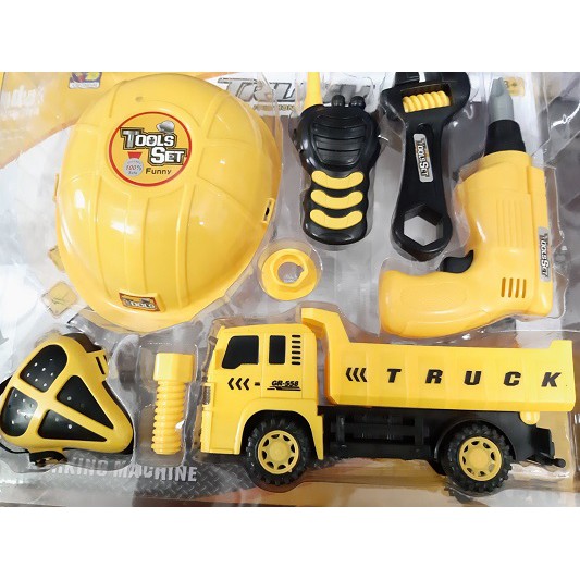 Bộ đồ chơi kỹ sư nhiều dụng cụ màu vàng có mũ đội dành cho bé trai, màu sắc tươi sáng, không phai, cực đẹp