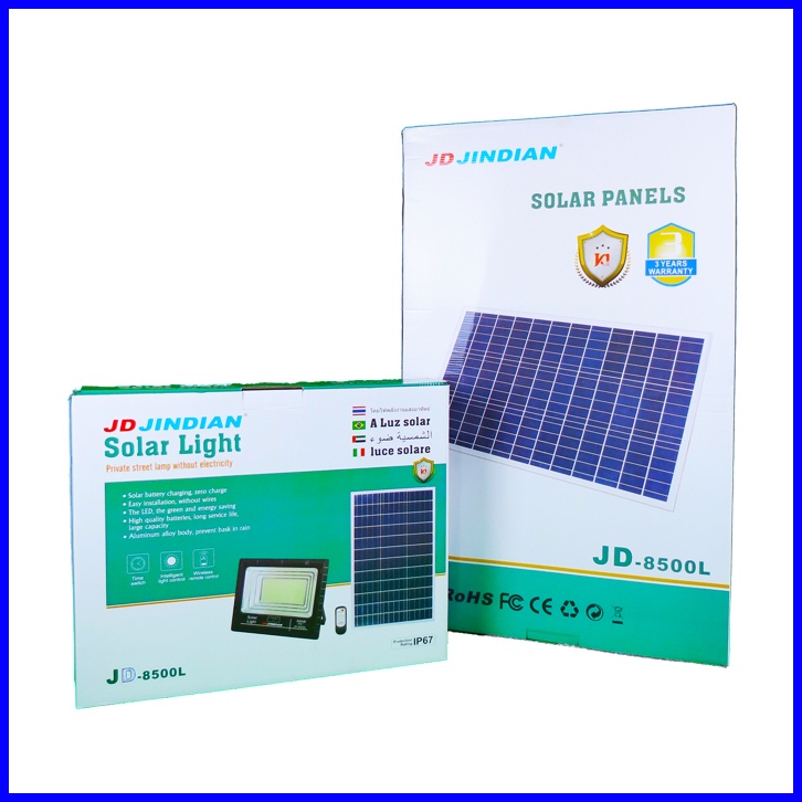 Đèn năng lượng mặt trời Jindian JD công suất 500W, loại cao cấp, tích điện, tự động sáng, chống nước, thân nhôm