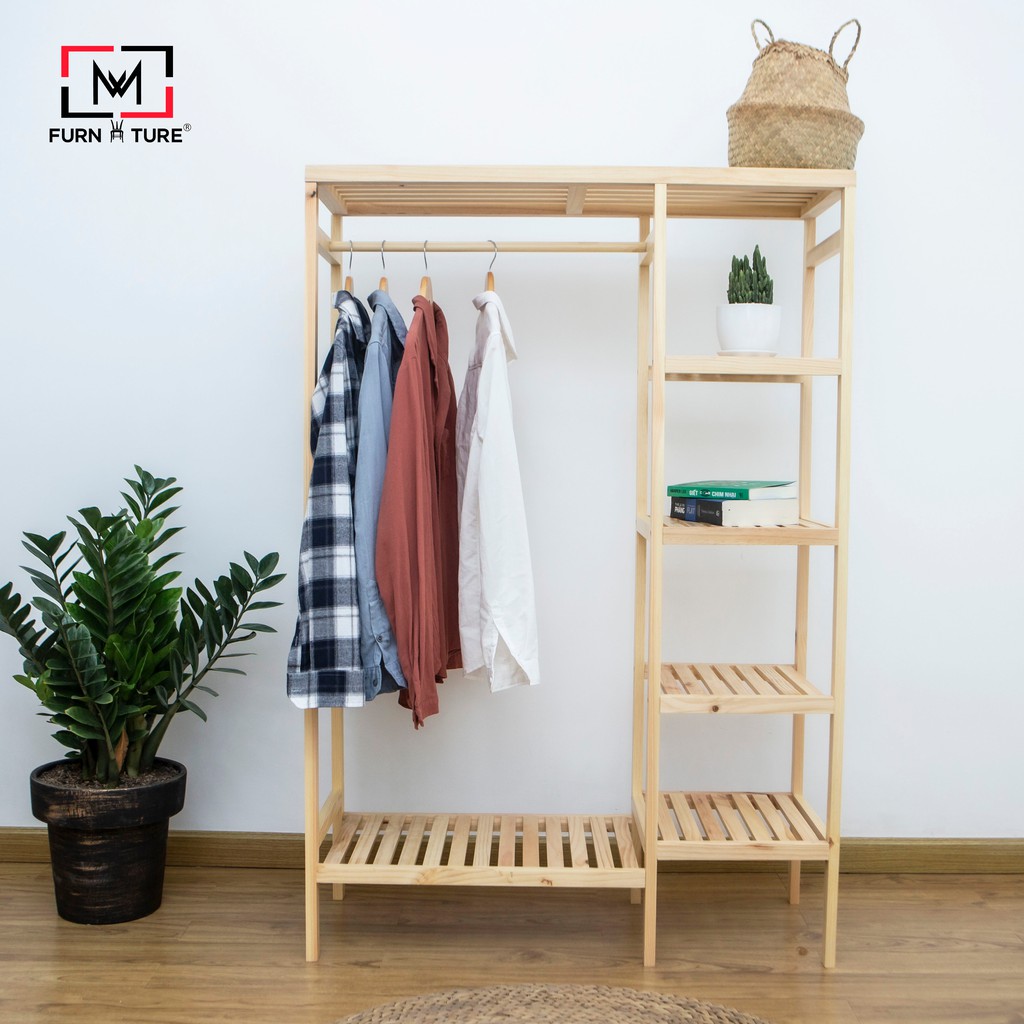 Tủ treo quần áo liền kệ 5 tầng hàn quốc màu gỗ thương hiệu MW FURNITURE - Double hanger size 97x35x143 cm