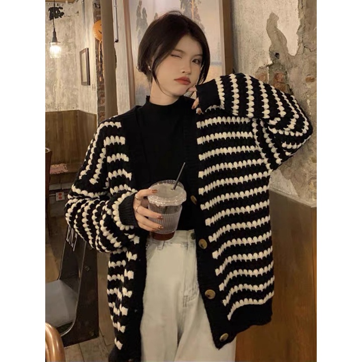 Áo cardigan len nữ Quảng Châu họa tiết rằn ri form rộng dày dặn basic cao cấp mới nhất thu đông 2022 kozoda AC42