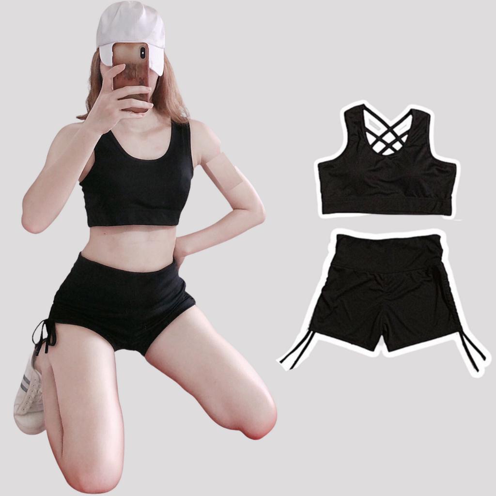 Đồ Tập Gym Nữ, Set Bộ Đùi Thể Thao Áo Bra Kèm Mút Quần Đùi 2 Phối Viền Hai Màu Đen Xám Yo