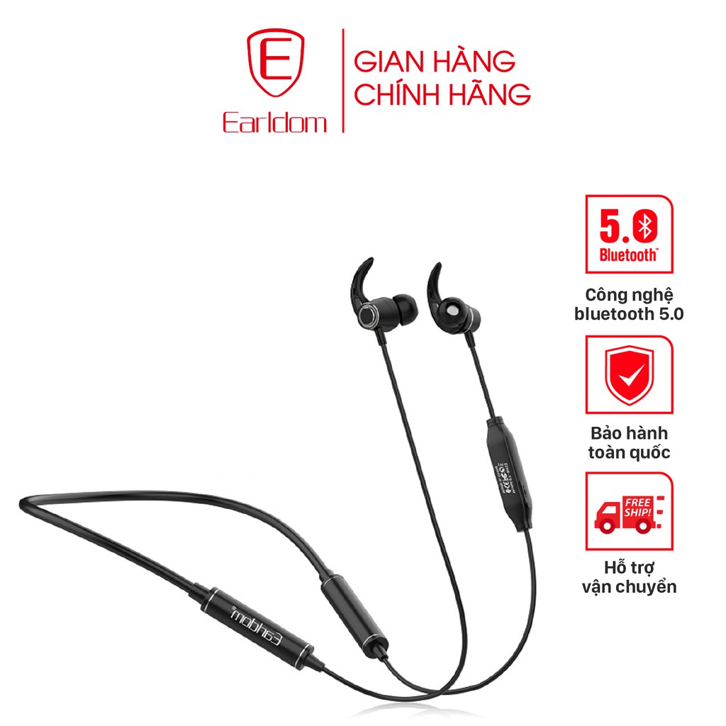 Tai nghe Bluetooth 2 tai có núm cao su 2 dây bọc nhựa mềm siêu bền Earldom BH22 - chính hãng