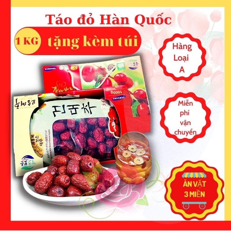 Táo đỏ sấy khô Samsung Hàn Quốc 1kg quả to đẹp, mềm ko bị quá khô, hộp đẹp tặng kèm túi làm quà tặng