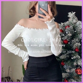 Áo len gân trễ vai tay dài