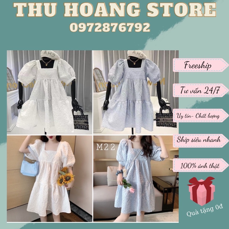Váy đầm babydoll cổ vuông xanh trắng, đầm dáng xoè tay phồng siêu xinh đầm bầu suông  phong cách hàn quốc | BigBuy360 - bigbuy360.vn