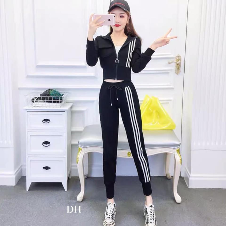 Bộ nữ ba sọc kéo khóa kiểu dáng thể thao - Combo quần áo kẻ 3 sọc chất nỉ da cá ôm dáng - CM Shop