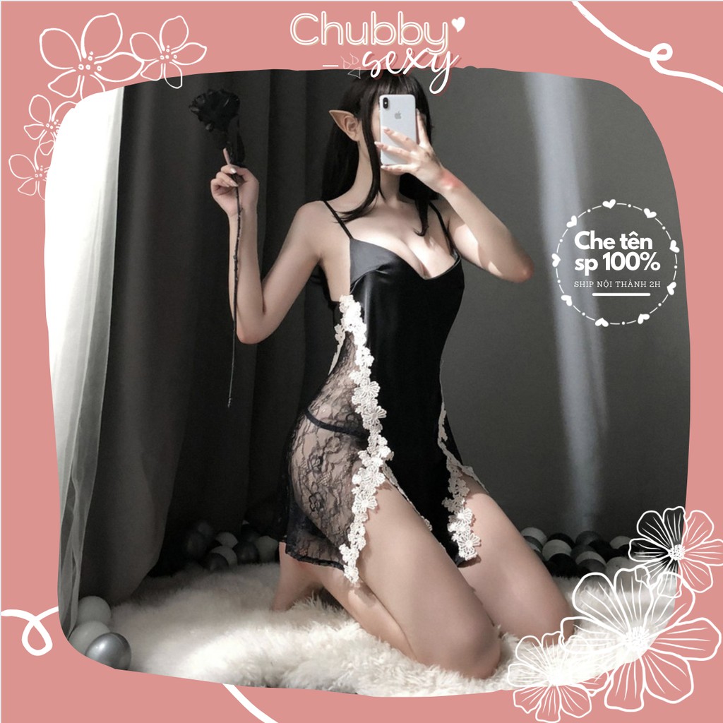 Váy Ngủ Lụa Sexy - Bộ đồ ngủ nữ sexy gợi cảm - Set đồ ngủ lụa ren eo thêu hoạ tiết - VNL01 - Chubby.sexy