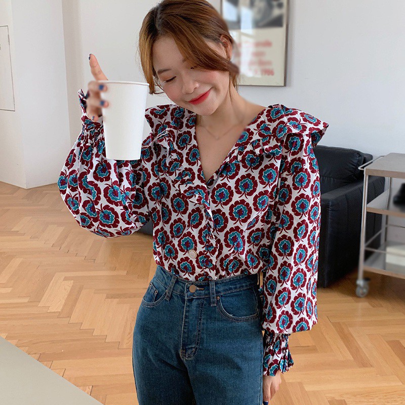 Áo Voan Tay Dài Cổ Peter Pan Họa Tiết Hoa Cho Nữ