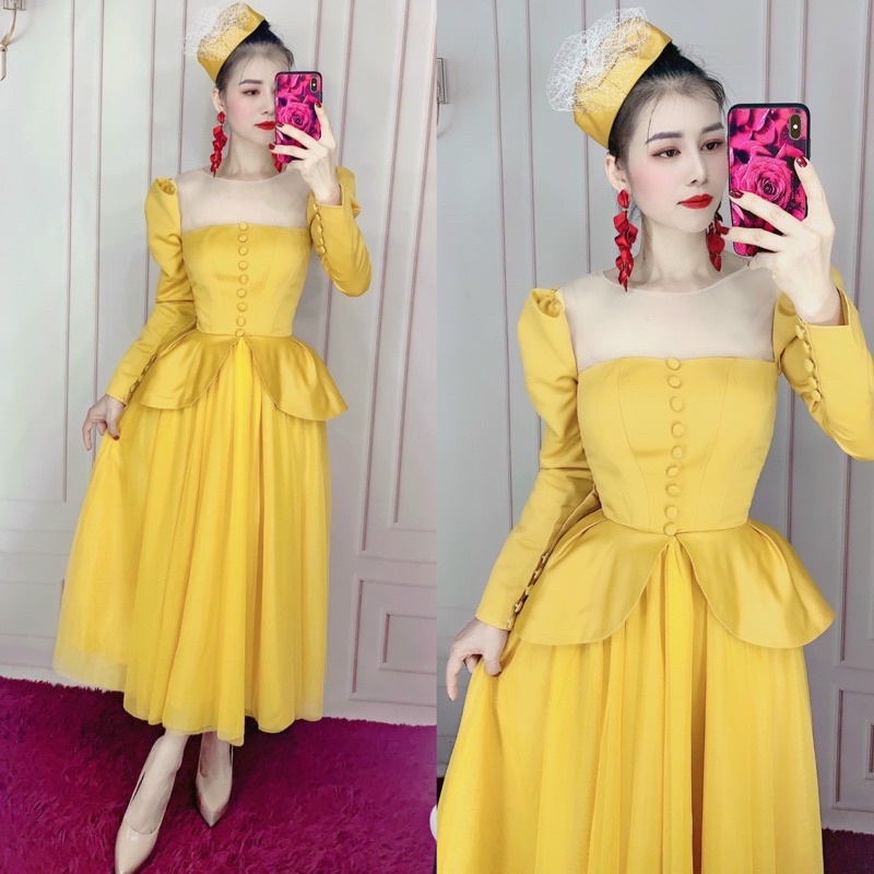 ĐẦM XOÈ QUÝ TỘC TAY DÀI CỔ PHỐI LƯỚI DA + tặng nón size s/m/L/xl