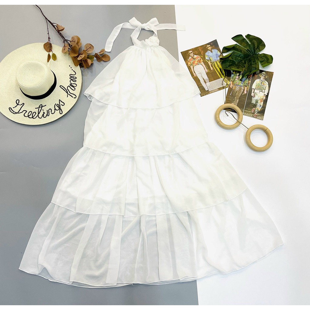 Đầm maxi tầng dàng dài cổ yếm thắt hoa hở lưng đi biển cá tính siêu xinh XUKA-DRESS MT045 chất Voon 2 lớp sang trọng.