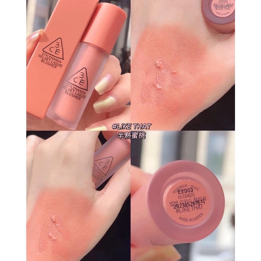Phấn má 3CE Velvet Liquid Blusher sale 60%- màu Like That- cam đào | BigBuy360 - bigbuy360.vn