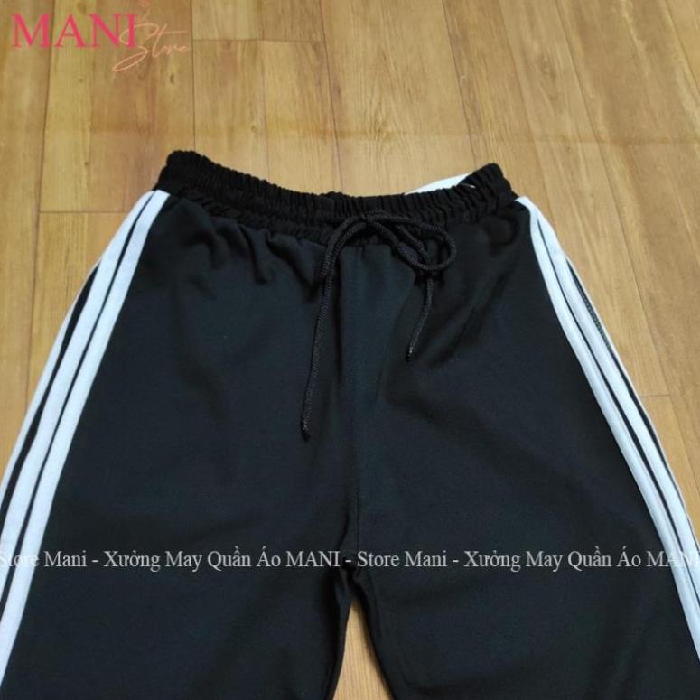 Quần thể thao ống rộng nữ 3 sọc trắng chất Umi màu đen kiểu basic suông dài có dây rút unisex mặc đi chơi học thể dục