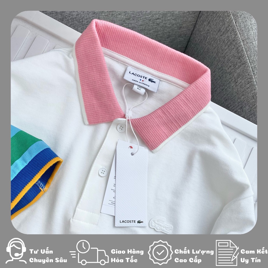 Áo polo nam ngắn tay Lacoste trắng cổ hồng vải Cotton cao cấp thoáng mát