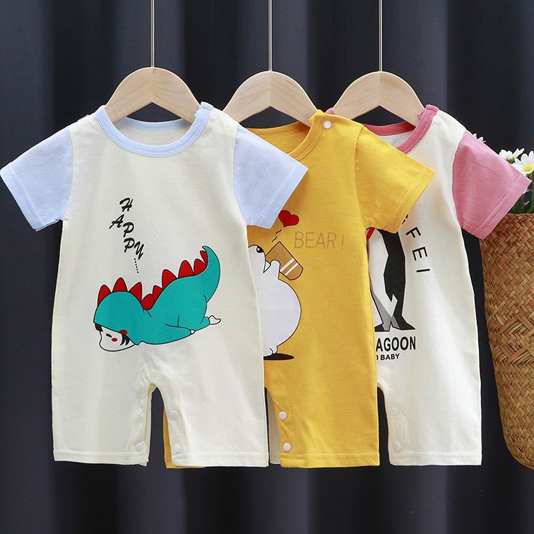 Bộ áo liền quần dài tay chất liệu cotton in hoạt hình dễ thương cho bé