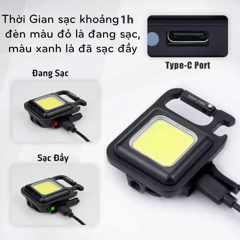 Đèn Pin Mini Led TIGER COBX Đa Năng Siêu Sáng Tiện Lợi, Có Móc Khóa Có Thể Sạc Lại
