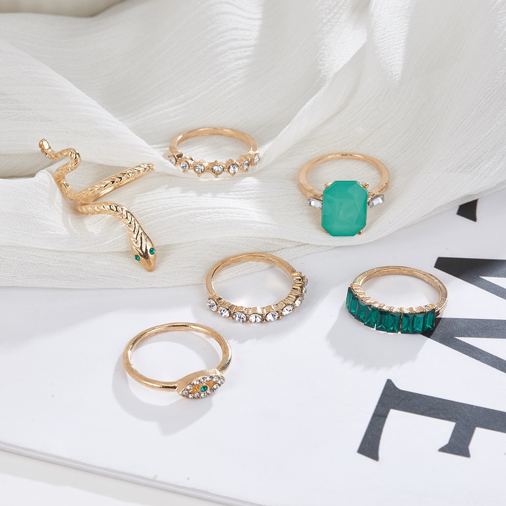 Set 6 Nhẫn Kim Cương Giả zircon Hình Rắn Màu Xanh Lá Thời Trang Phổ Biến Làm Quà Tặng Đám Cưới Cho Bạn Nữ